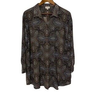 J. Jill Sheer Paisley Button Up Long Sleeve Tunic Blouse Women Size L Petite